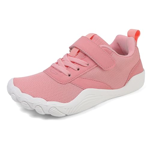 sneaker wasserdicht kinder, Barfussschuhe Kinder Breite Barfuss Schuhe Atmungsaktiv Leicht Laufschuhe Junge Mädchen Weich Rutschfest Trekkingschuhe Sneaker Kinderschuhe mit Klettverschluss Rosa 27 von RuFengz