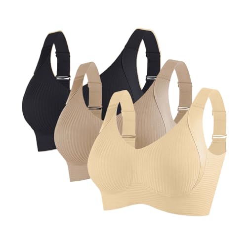 sommer bh atmungsaktiv leicht, 3er Pack BH Damen Ohne Bügel Gepolstert Große Brüste Starker Halt Bra Push Up Nahtlose Unterwäsche Weich Bequem BHS Verstellbarer Sport Bustier Büstenhalter Große Größen von RuFengz