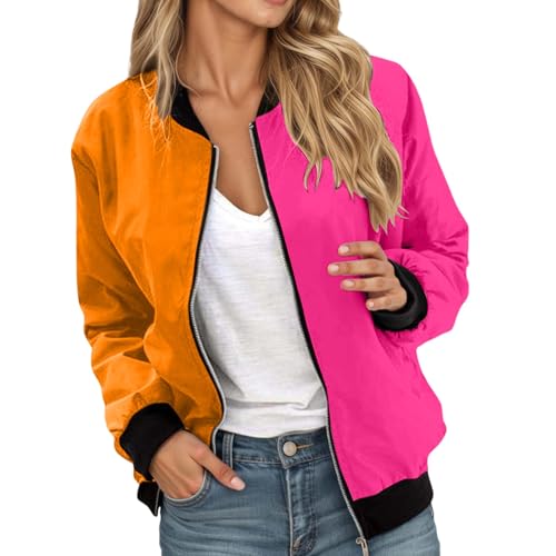 sommerjacke damen leicht, Bomberjacke Damen Leichte Sommerjacke Streifen Farbblock Blouson Jacke Kurz Übergangsjacke Casual Pilotenjacke mit Reißverschluss Dünne Herbst Sweatjacke College Jacke L von RuFengz