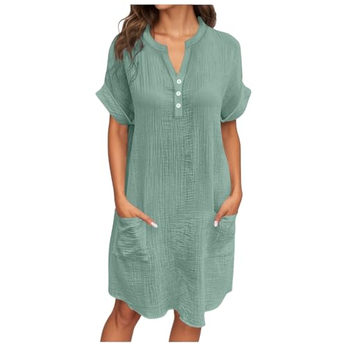 sommerkleider damen leicht, Musselin Kleid Damen Sommer V Ausschnitt Sommerkleid Shirtkleid Kurzarm Casual Strandkleid Hemdkleid Leicht Luftig Blusenkleid Midikleid Elegant Locker Tunika Hellgrün XL von RuFengz