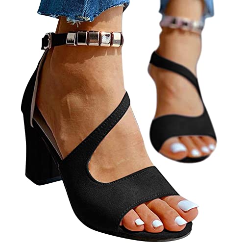 sommerschuhe damen mit absatz schwarz, Sandalen Damen mit Absatz Elegant Blockabsatz Sandaletten Fischmaul Sommerschuhe Bequem High Heels Sandals Offene Sommer Schuhe Römersandalen, Schwarz, 40 von RuFengz