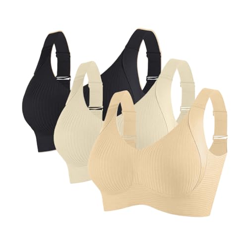 sport bh große brüste starker halt, 3er Pack BH Damen Ohne Bügel Gepolstert Große Brüste Starker Halt Bra Push Up Nahtlose Unterwäsche Weich Bequem BHS Verstellbarer Sport Bustier Büstenhalter von RuFengz