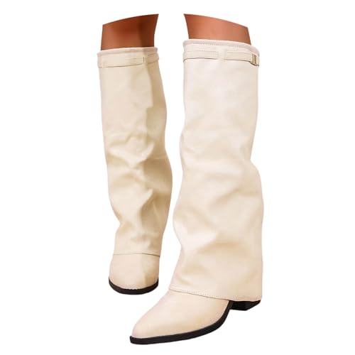 stiefel braun damen mit absatz, Fold Over Boots Damen Elegant Winter Leder Schlupfstiefel Damenstiefel mit Blockabsatz Mode Warme Weitschaftstiefel Cowboystiefel Spitzer Lederstiefel Winterstiefel von RuFengz