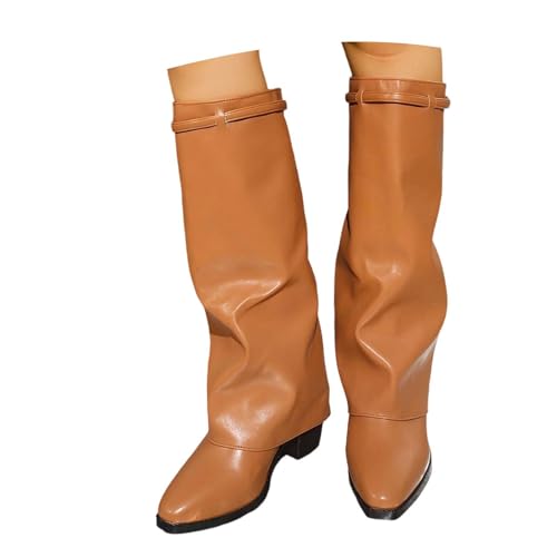 stiefel damen elegant, Fold Over Boots Damen Spitzer Warme mit Blockabsatz Schlupfstiefel Damenstiefel Elegant Mode Herbst Lederstiefel Cowboystiefel Leder Winter Weitschaftstiefel Winterstiefel von RuFengz