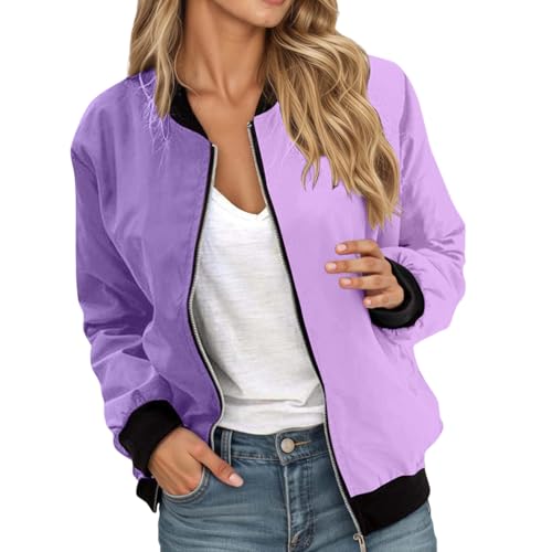 weiße jeansjacke damen, Bomberjacke Damen Leichte Sommerjacke Streifen Farbblock Blouson Jacke Kurz Übergangsjacke Casual Pilotenjacke mit Reißverschluss Dünne Herbst Sweatjacke College Jacke 5XL von RuFengz