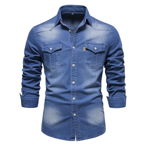 Ruamilyy Jeanshemd Cowboy-Hemd Herren Denim Langarmshirt Weiche Baumwolle Slim Jeans Hemden Slim Fit Jeans Sommerhemd mit Tasche Leinen Klassisch lässiges Denim-Hemd von Ruamilyy