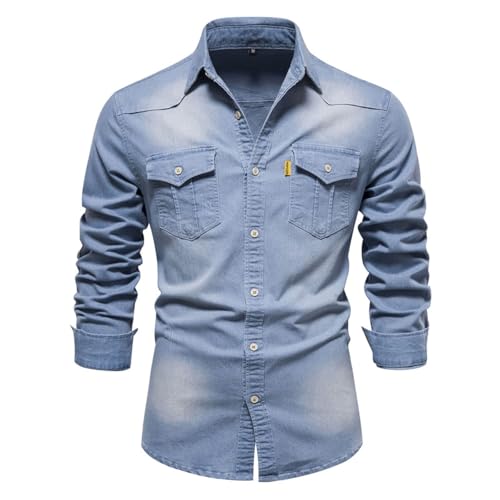Ruamilyy Jeanshemd Cowboy-Hemd Herren Denim Langarmshirt Weiche Baumwolle Slim Jeans Hemden Slim Fit Jeans Sommerhemd mit Tasche Leinen Klassisch lässiges Denim-Hemd von Ruamilyy