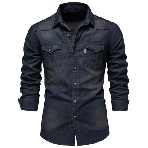 Ruamilyy Jeanshemd Cowboy-Hemd Herren Denim Langarmshirt Weiche Baumwolle Slim Jeans Hemden Slim Fit Jeans Sommerhemd mit Tasche Leinen Klassisch lässiges Denim-Hemd von Ruamilyy