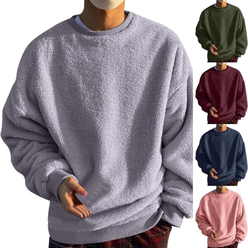 Teddy Pullover Herren Langarm Rundhals Fleece Sweatshirt Einfarbig Plüsch Flauschig Fuzzy Pulli Sweater Warm Herbst Winter Langarmshirt Oberteile Tops von Ruamilyy