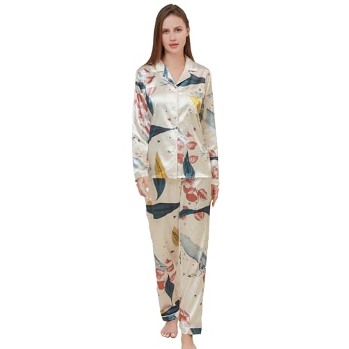 Damen-Pyjama-Set aus seidigem Satin, Langarm-Oberteil und Lange, seidige Nachtwäsche, Button-Down-Pyjama-Sets, Nachtwäsche | Mehrfarbig-weiß-M von RuanMM