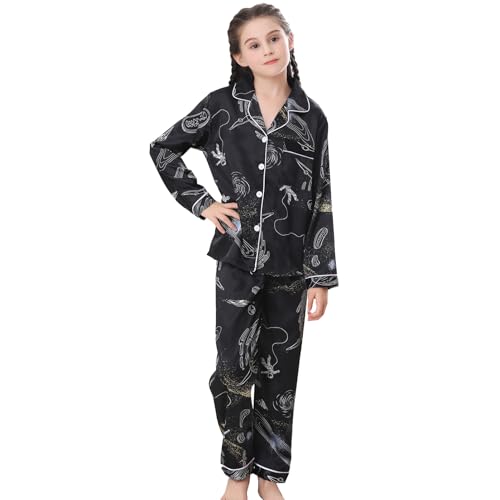 RuanMM Langärmliger Pyjama aus Seidensatinimitat/Pyjama mit mehrfarbigen Knöpfen/Hauskleidung für Mädchen/Pyjama-Set mit mehrfarbigen Taschen/für Mädchen/Schwarzer Hintergrund Moiré-160 von RuanMM