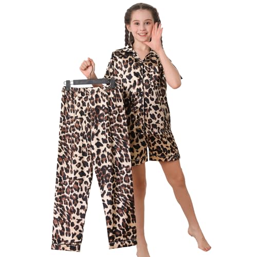 RuanMM 3 Piece Set Seidiges Satin-Pyjama-Set für Kinder | Nachtwäsche für Mädchen mit Schwarz und weiß | Pyjama-Sets, Nachtwäsche für Mädchen | Leopardenmuster-130 von RuanMM