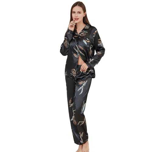 RuanMM Damen-Pyjama-Set, langärmeliges Oberteil und Lange Hose, seidiges Satin-Pyjama-Set, Nachtwäsche, Button-Down-Pyjama-Sets, Nachtwäsche | Schwarze Blume-XL von RuanMM