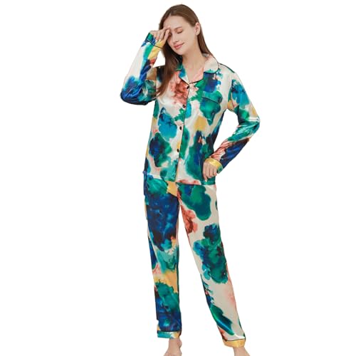 RuanMM Damen-Pyjama-Set aus Seide, langärmeliges Oberteil und Lange Hose, seidige Nachtwäsche, Button-Down-Pyjama-Sets, Nachtwäsche, gemischtes Grün, M von RuanMM