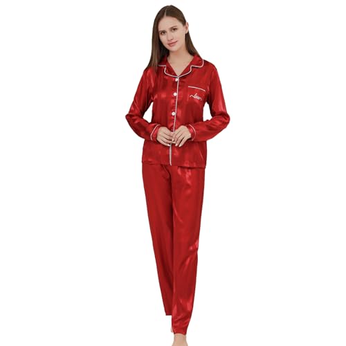 RuanMM Damen-Pyjama-Set aus seidigem Satin, Lange Nachtwäsche, 4-teilige seidige Nachtwäsche-Pyjama-Sets-Rote Streifen-L von RuanMM