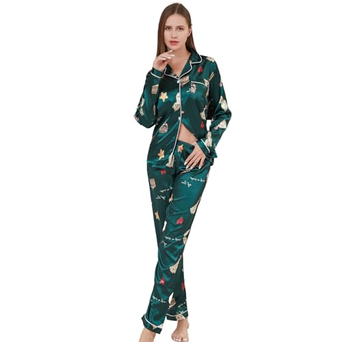 RuanMM Damen-Pyjama-Set aus seidigem Satin, Weihnachts-Pyjama, seidige Nachtwäsche, Button-Down-Pyjama-Sets, Nachtwäsche | Mehrfarbig-Weihnachten-M von RuanMM