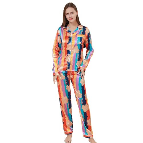 RuanMM Damen-Pyjama-Set aus seidigem Satin, langärmliges Oberteil und Lange Hose, seidige Nachtwäsche mit Knöpfen, Pyjama-Sets, Nachtwäsche | Regenbogen-S von RuanMM