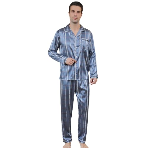RuanMM Herren-Pyjama-Set aus Satin, Langarm-Pyjama aus Seide, Premium-Pyjama mit Knöpfen, mehrfarbiges Herren-Pyjama-Set aus Seide – Silbergrau-L von RuanMM