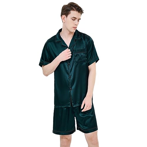 RuanMM Herren-Pyjama-Set aus Satin, kurzärmelig, seidige Pyjama-Hose, hochwertige Button-Down-Nachtwäsche, mehrfarbiges, seidiges Herren-Pyjama-Set | Grün- L von RuanMM