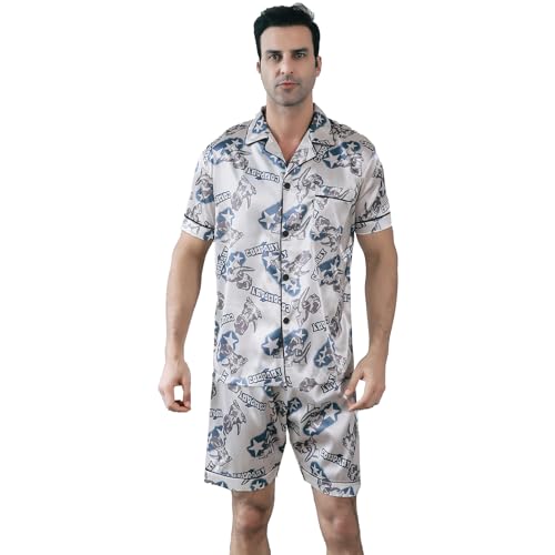 RuanMM Herren-Pyjama-Set aus Satin, kurzärmelig, seidige Pyjama-Hose, hochwertige Button-Down-Nachtwäsche, mehrfarbiges, seidiges Herren-Pyjama-Set | Weiß-Dinosaurier- XL von RuanMM