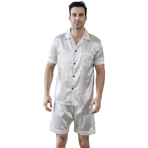 RuanMM Herren-Pyjama-Set aus Satin, kurzärmelig, seidige Pyjama-Hose, hochwertige Button-Down-Nachtwäsche, mehrfarbiges, seidiges Herren-Pyjama-Set | Weiß-Moiré- XXL von RuanMM
