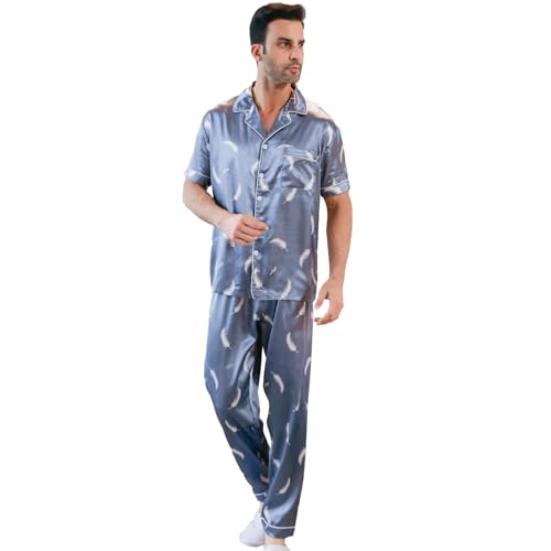 RuanMM Herren-Pyjama-Set aus Satin, kurzärmelig, seidige Pyjama-Hose, hochwertige Button-Down-Nachtwäsche, mehrfarbiges, seidiges Herren-Pyjama-Sett | Blaue Feder- M von RuanMM
