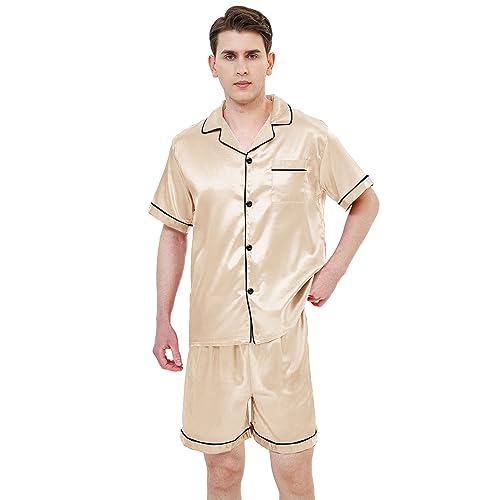 RuanMM Herren-Pyjama-Set aus Satin, kurzärmelig, seidige Pyjama-Hose, hochwertige Button-Down-Nachtwäsche, mehrfarbiges, seidiges Herren-Pyjama-Sett | Champagnergold- XXL von RuanMM