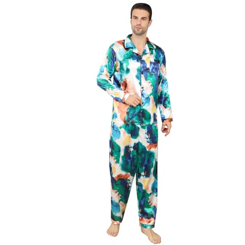 RuanMM Herren-Pyjama-Set aus Satin, langärmelig, seidiger Schlafanzug, Premium-Nachtwäsche mit Knopfleiste, Mehrfarbig, seidiges Herren-Pyjama-Set-Mehrfarbig 01-L von RuanMM