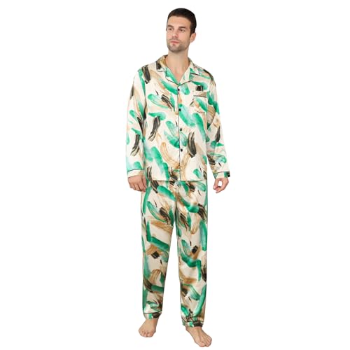 RuanMM Herren-Pyjama-Set aus Satin, langärmelig, seidiger Schlafanzug, Premium-Nachtwäsche mit Knopfleiste, Mehrfarbig, seidiges Herren-Pyjama-Set-Mehrfarbig 04-L von RuanMM