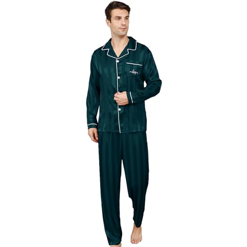 RuanMM Herren-Pyjama-Set aus Satin, langärmlig, Seidenpyjama, Premium-Pyjama mit Knöpfen | Grüne Streifen, XXL von RuanMM