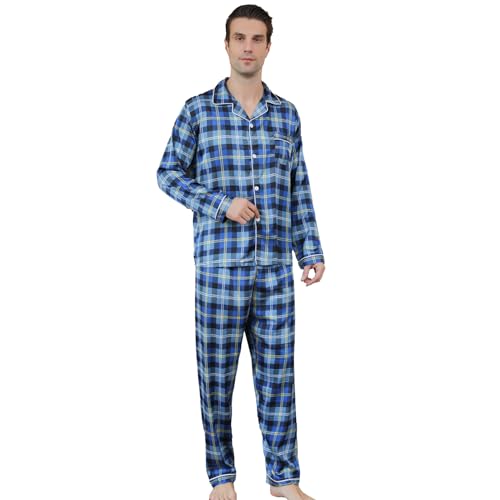 RuanMM Herren-Pyjama-Set aus Satin, langärmliger Seiden-Pyjama, hochwertiger Knopf-Pyjama, mehrfarbiges Herren-Pyjama-Set aus Seide – Blau kariert-M von RuanMM