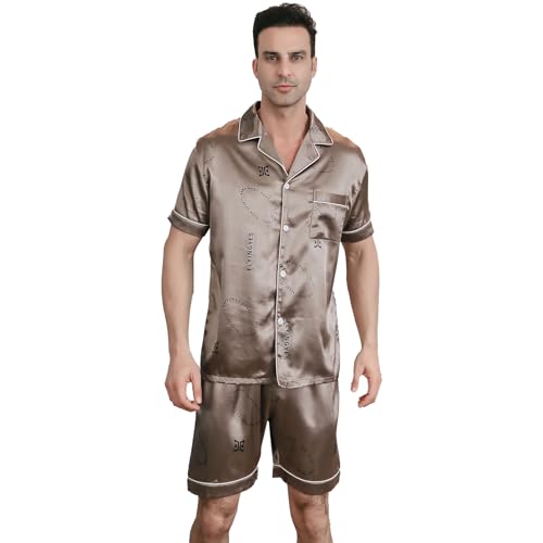 RuanMM Herren-Pyjama-Set aus Seidensatin, kurzärmelige Nachtwäsche, seidige Loungewear mit kurz Hosen | Goldbraun- L von RuanMM