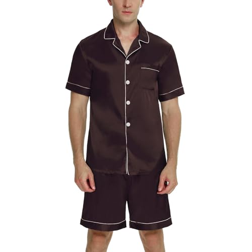 RuanMM Herren-Pyjama-Set aus Seidensatin, kurzärmlig und Lendenschurz, Button-Down-Pyjama-Set, Nachtwäsche, Loungewear mit Taschen (Braun-XXL) von RuanMM