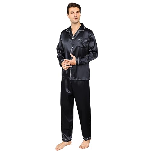 RuanMM Herren-Pyjama-Set aus seidigem Satin, langärmliges Oberteil und Lange Hose, seidige Nachtwäsche für Herren(5XL, Schwarz) von RuanMM