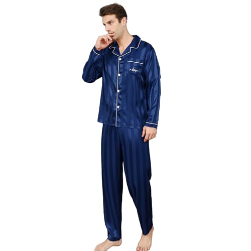 RuanMM Herren-Pyjama-Set aus Seidensatin mit blauen Streifen | Langärmlige Oberteile und Hosen aus Seide für Herren(4XL, Blaue Streifen) von RuanMM