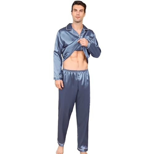 RuanMM Herren Pyjama Set, Simulation Seidenpyjamas. Pyjama-Set für Herren mit Langen Ärmeln-Grau XL von RuanMM