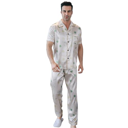 RuanMM Herren-Pyjama-Set aus seidigem Satin, kurzärmelig, Klassische Nachtwäsche, Button-Down-Loungewear mit Langen Hosen | Weißer Klee - XXL von RuanMM