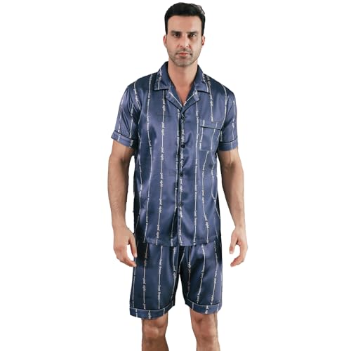 RuanMM Herren-Pyjama-Set aus seidigem Satin, kurzärmelig, Klassische Nachtwäsche, Button-Down-Loungewear mit kurz Hosen | Blau-Goodnight -M von RuanMM