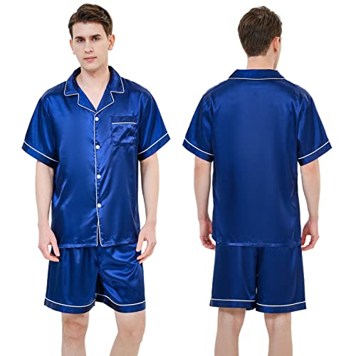 RuanMM Herren-Pyjama-Set aus seidigem Satin, kurzärmelig, Klassische Nachtwäsche, Button-Down-Loungewear mit kurz Hosen | Blau -XL von RuanMM