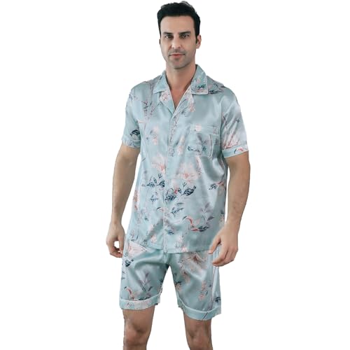 RuanMM Herren-Pyjama-Set aus seidigem Satin, kurzärmelig, Klassische Nachtwäsche, Button-Down-Loungewear mit kurz Hosen |Blaue Blume- M von RuanMM