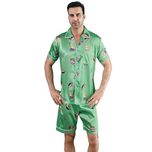 RuanMM Herren-Pyjama-Set aus seidigem Satin, kurzärmelig, Klassische Nachtwäsche, Button-Down-Loungewear mit kurz Hosen |Grün-Rugby - XXL von RuanMM