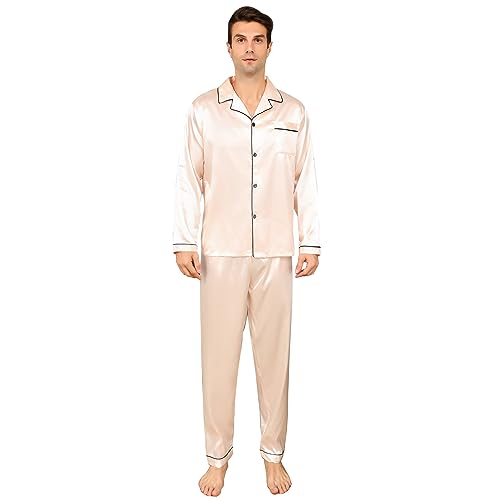 RuanMM Herren-Pyjama-Set aus seidigem Satin, langärmliges Oberteil und Lange Hose, seidige Nachtwäsche für Herren(L, Rosa) von RuanMM