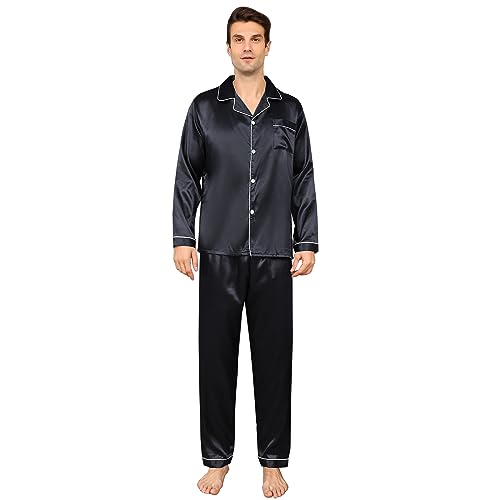 RuanMM Herren-Pyjama-Set aus seidigem Satin, langärmliges Oberteil und Lange Hose, seidige Nachtwäsche für Herren(L, Schwarz) von RuanMM