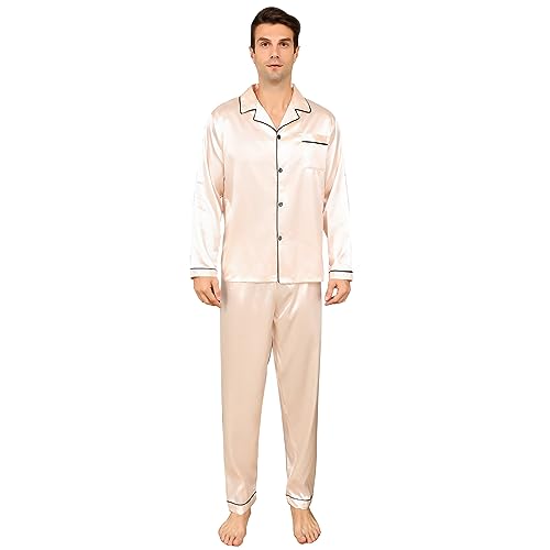 RuanMM Herren-Pyjama-Set aus seidigem Satin, langärmliges Oberteil und Lange Hose, seidige Nachtwäsche für Herren(M, Rosa) von RuanMM