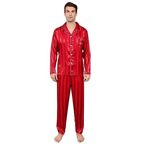 RuanMM Herren-Pyjama-Set aus seidigem Satin, langärmliges Oberteil und Lange Hose, seidige Nachtwäsche für Herren (XL, roter Streifen) von RuanMM