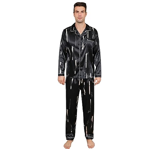 RuanMM Herren-Pyjama-Set aus seidigem Satin mit schwarzem Muster, Nachtwäsche mit Langen Ärmeln und Knöpfen(L, Schwarz01) von RuanMM
