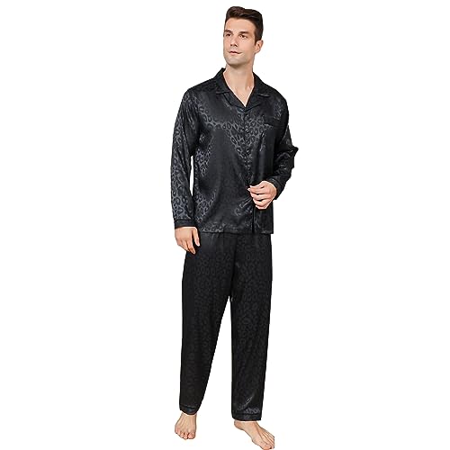 RuanMM Herren-Pyjama-Set aus seidigem Satin mit schwarzem Muster, Nachtwäsche mit Langen Ärmeln und Knöpfen(L, Schwarz03) von RuanMM