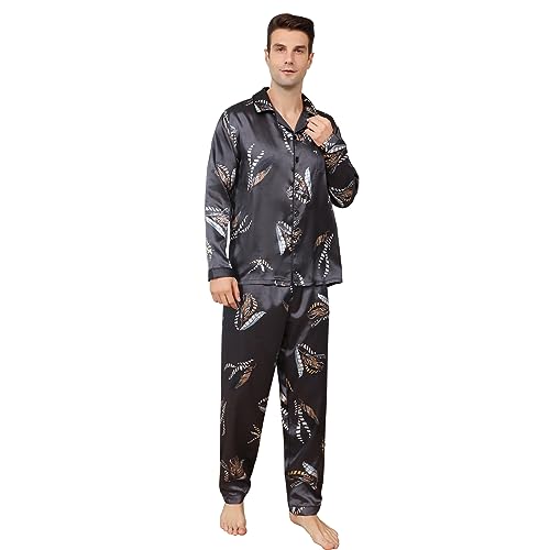 RuanMM Herren-Pyjama-Set aus seidigem Satin mit schwarzem Muster, Nachtwäsche mit Langen Ärmeln und Knöpfen(XL, Schwarz04) von RuanMM
