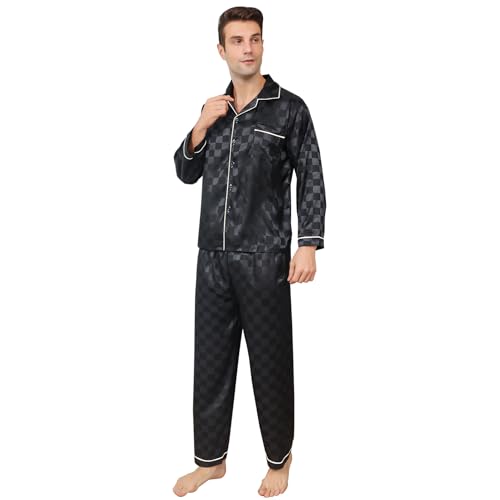 RuanMM Men's Silky Satin Black Pattern Pajama Set Long Sleeve Button Down Sleepwear(XL, Black07) von RuanMM
