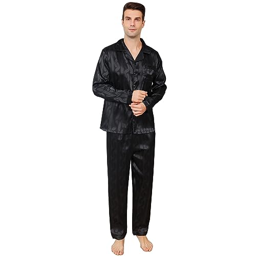 RuanMM Herren-Pyjama-Set aus seidigem Satin mit schwarzem Muster, Nachtwäsche mit Langen Ärmeln und Knöpfen(XXL, Schwarz05) von RuanMM